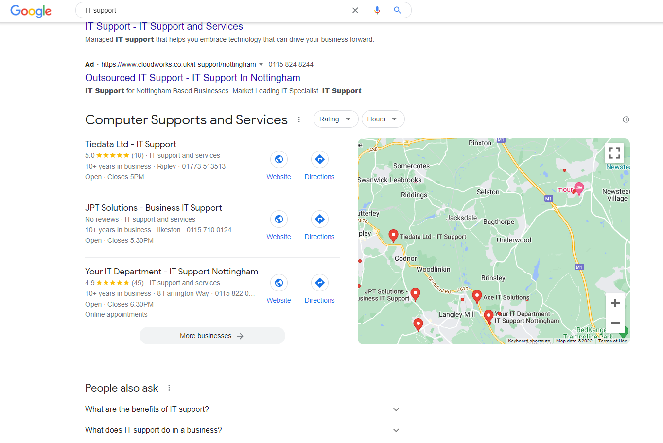 Screenshot of the map pack for IT support on Google