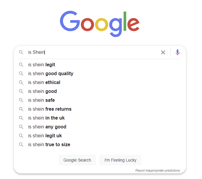 Screenshot of a search for "SHEIN Is..."