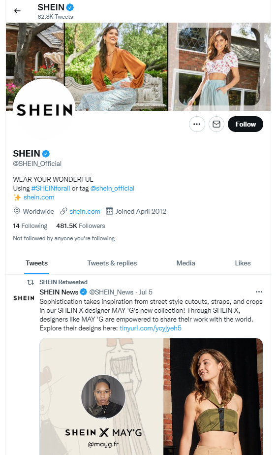 Screenshot of SHEIN's X account