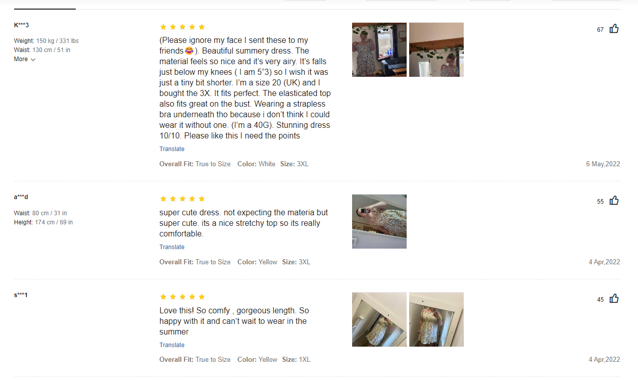 Screenshot of reviews on the SHEIN website