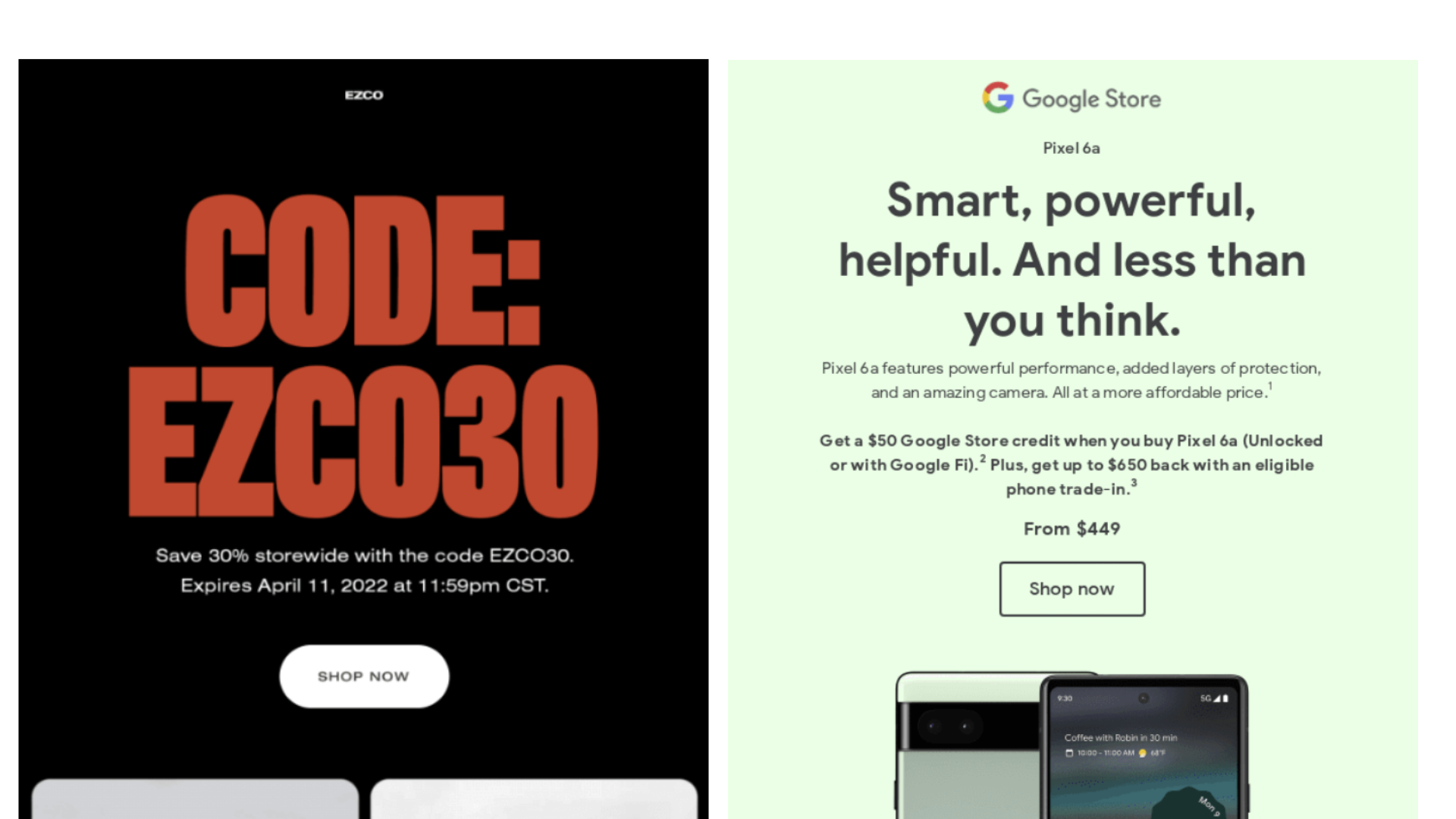 A screenshot of two emails. The one on the left has a black background with a bold orange heading and all-caps text. The one on the right has a pastel green background with a grey heading and text, in sentence case