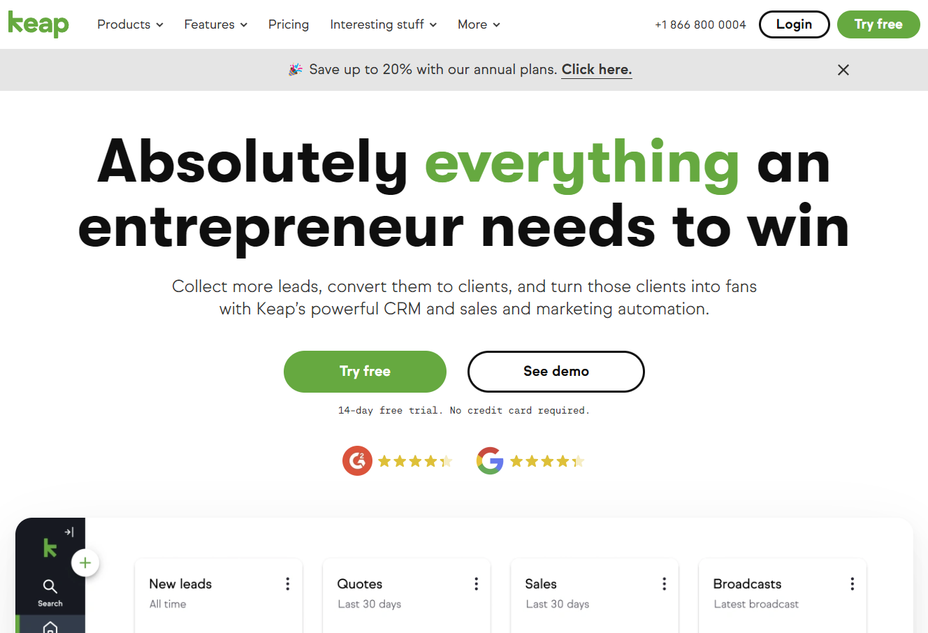 Screenshot of the Keap website