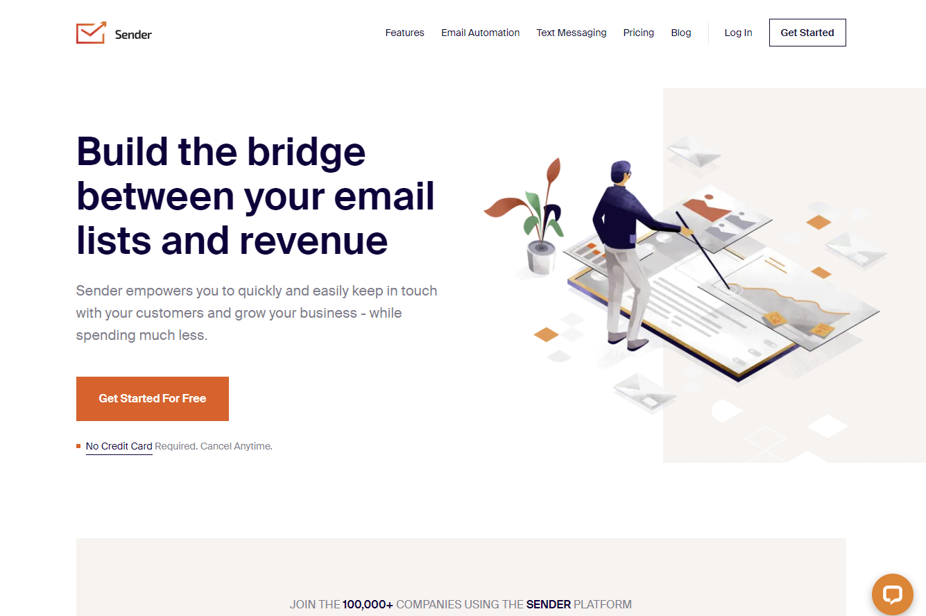 Screenshot of the Sender website