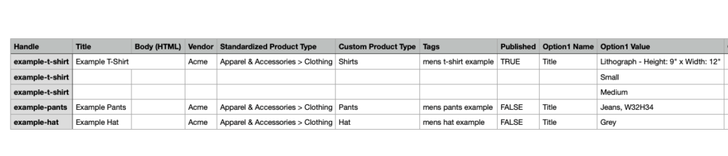 Screenshot of an example CSV data file to be used in a manual Shopify migration.