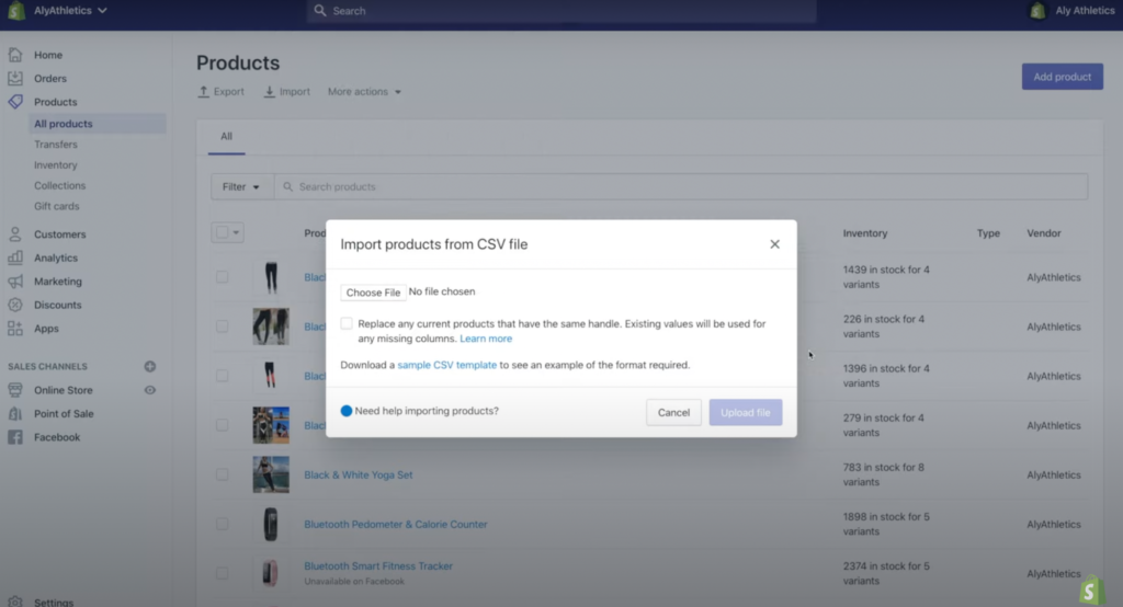 Screenshot of Shopify's CSV product import tool.