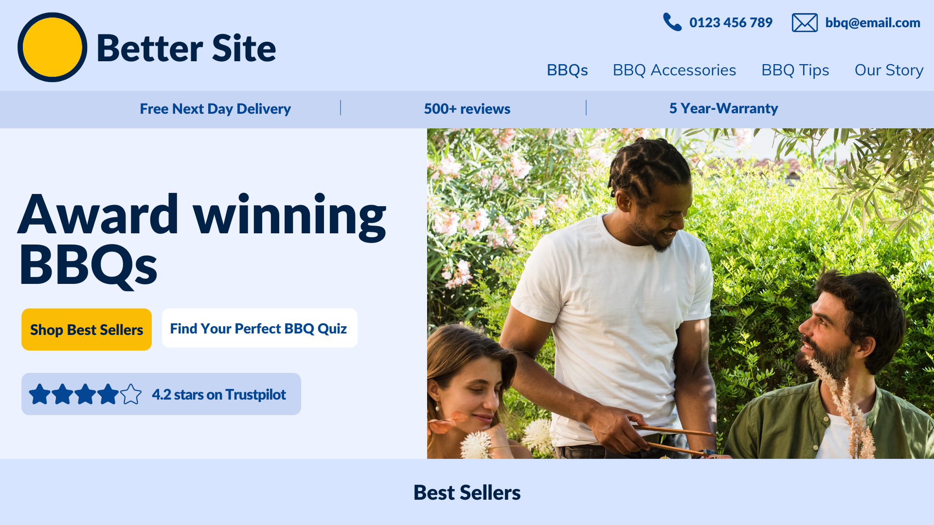 Example of a well designed website. The logo is small but still visible. The menu order is BBQs, BBQ Accessories, BBQ Tips and Our Story. The phone number and email are visible in the top right corner. Underneath this header, there is a benefits bar, including the following benefits of shopping with this company: free next day delivery, 500+ reviews, 5-year warranty. Below this, on the left hand side, there is a heading that reads “Award winning BBQs”. Below that heading there are two buttons, one in yellow says “Shop best sellers”, and the other, in white, says “Find your perfect BBQ quiz. Below that are 4 full stars and one empty star, with text that reads “4.2 stars on Trustpilot”. On the right handside is a cropped image of three people sitting in a garden and one is serving food. Along the bottom is a bar, with text that reads “best sellers”.