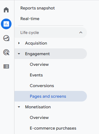 Screenshot showing the location of the pages and screens report, as described in the text above this image