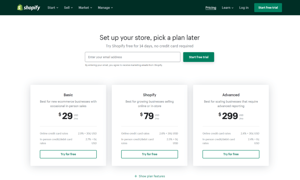 Screenshot of Shopify's pricing plans in 2022.