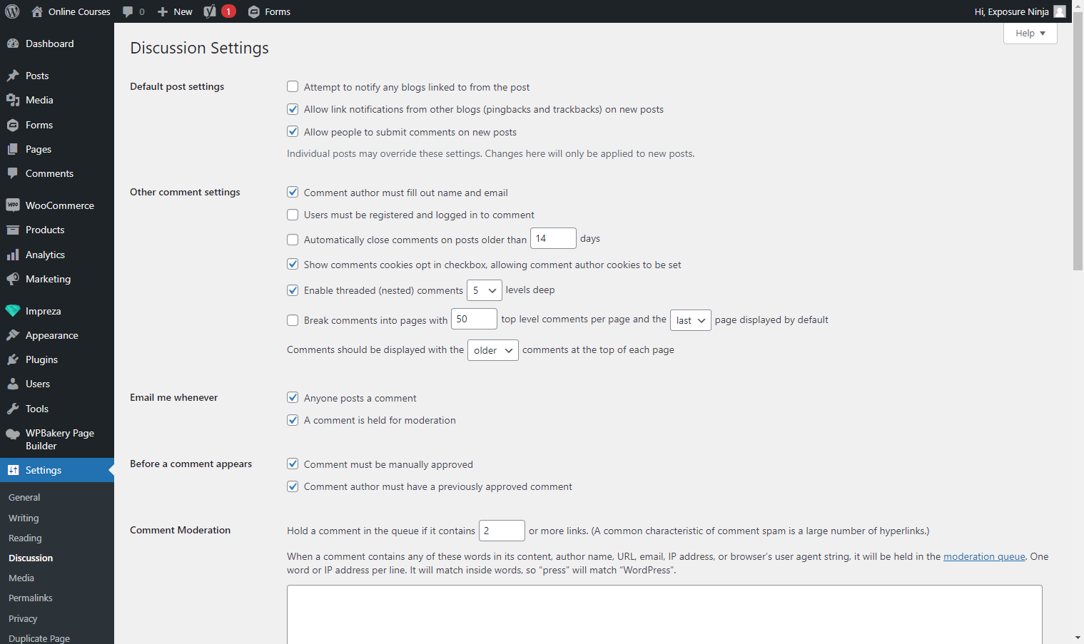 Screenshot of the discussion settings in WordPress
