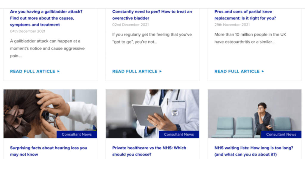Screenshot of the private hospital's blog posts.