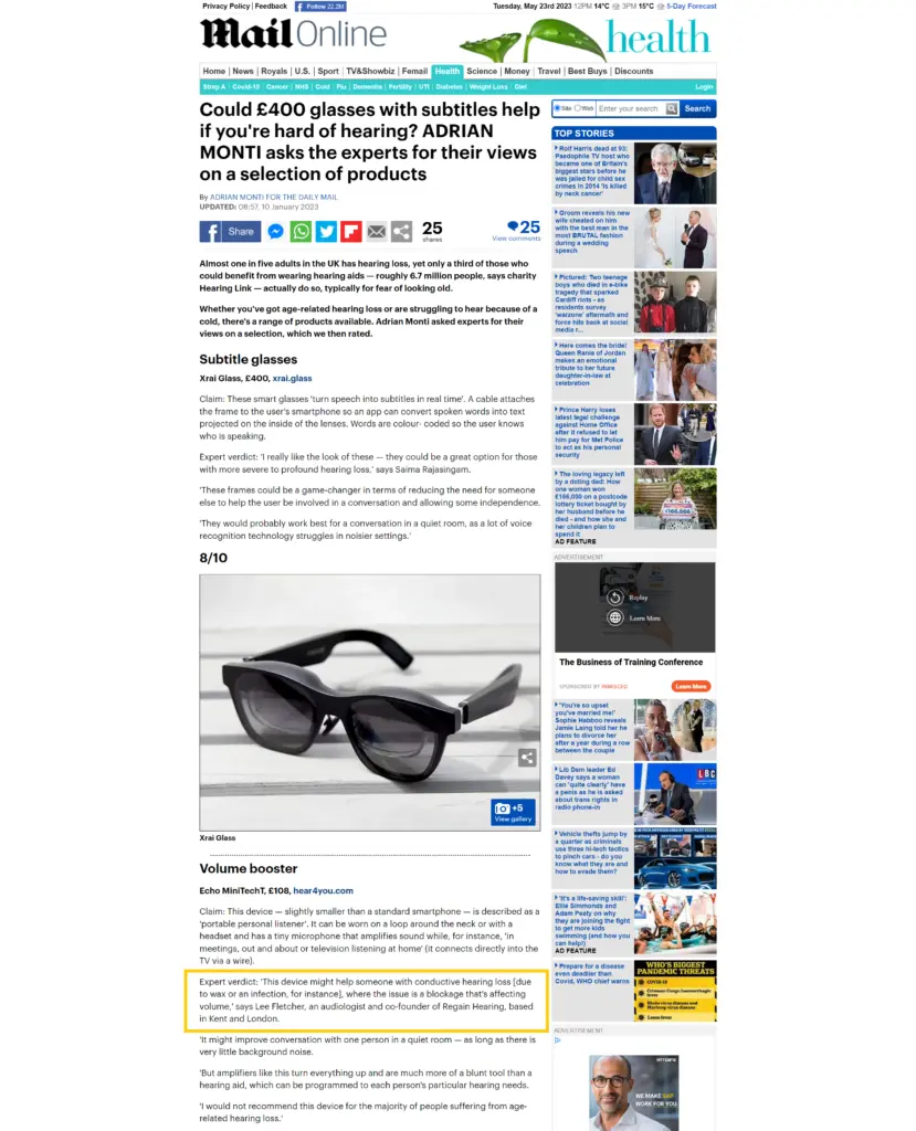 Image showing Regain Hearing mentioned in an article by The Daily Mail.