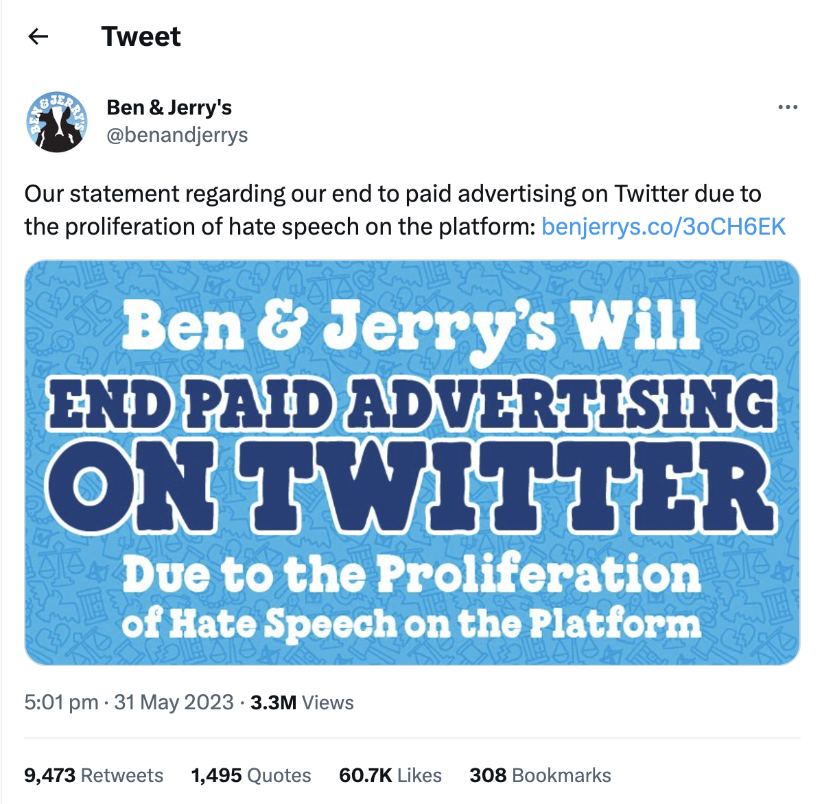 Screenshot of a Ben and Jerry's Tweet