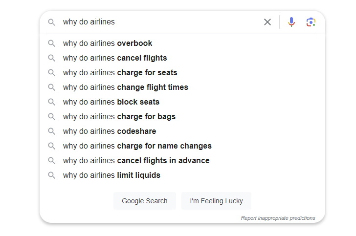 Screenshot of Google's autofill responses to "why do airlines..."