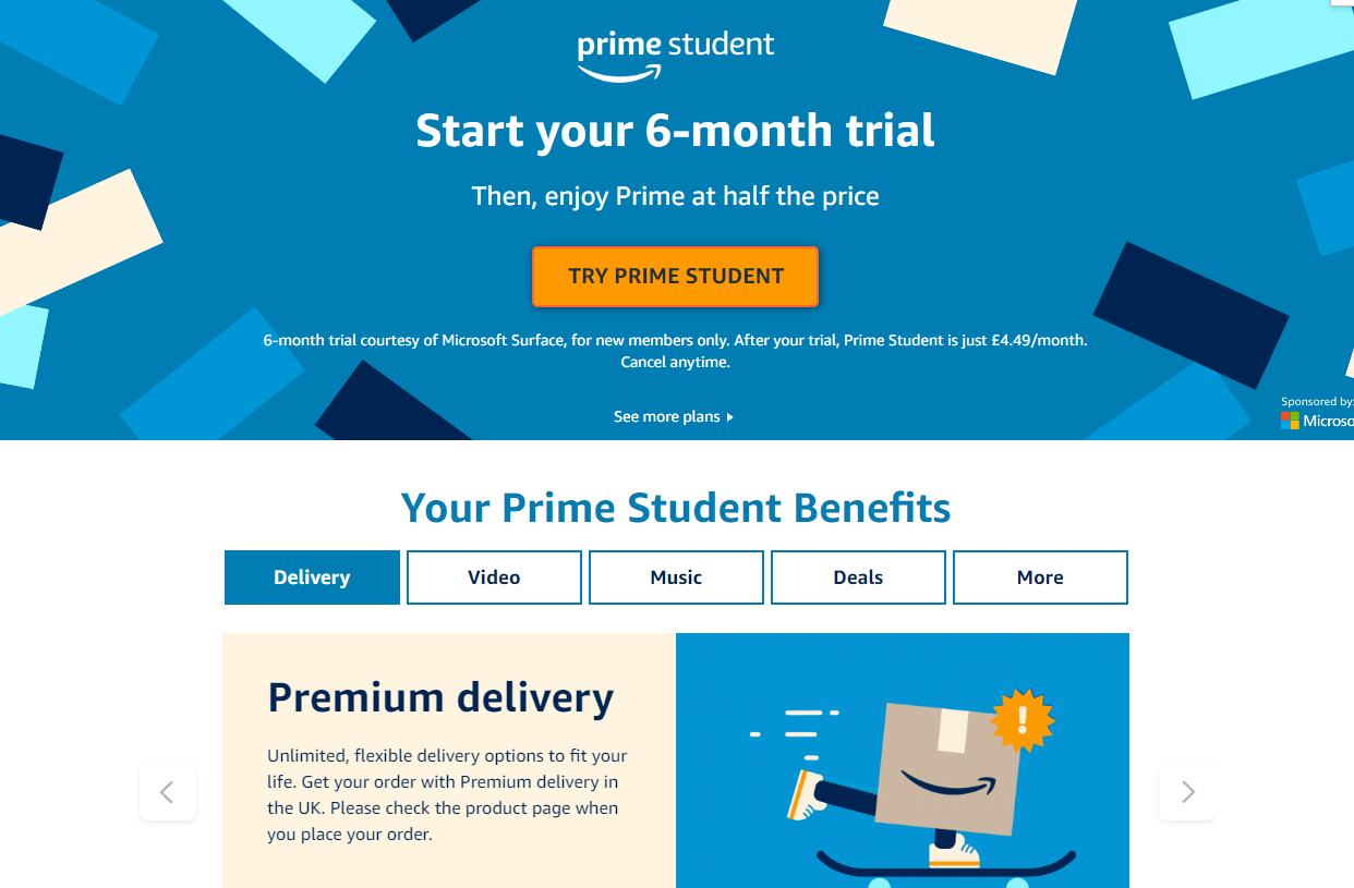 Screenshot of the amazon prime student free trial