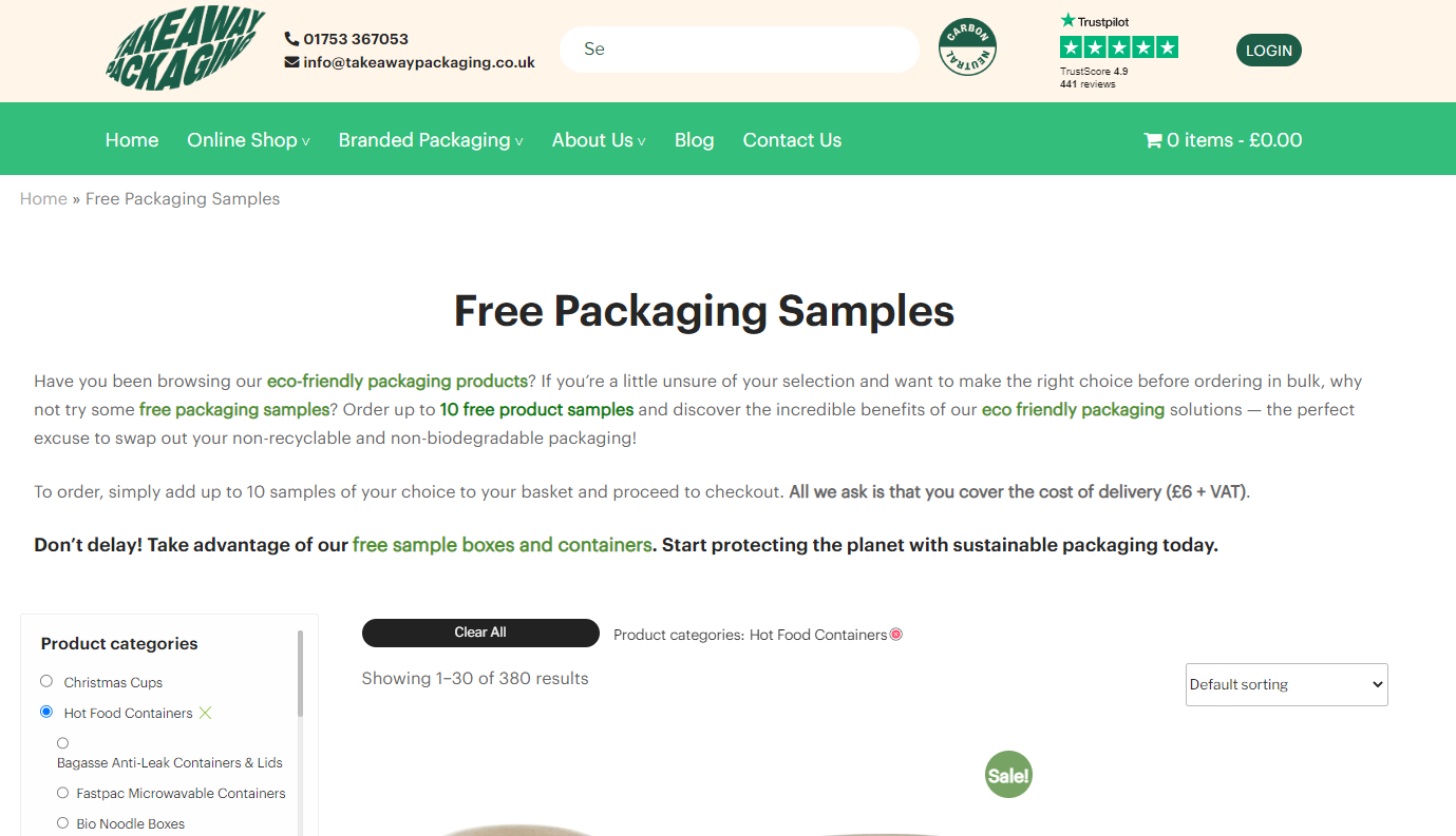 Screenshot of free samples on the Takeaway Packaging website