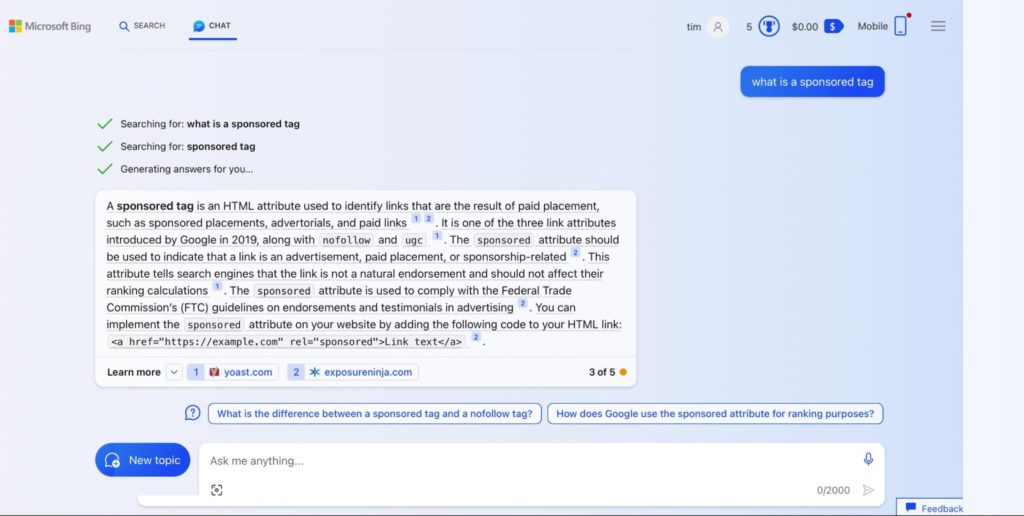 Screenshot of Bing's Bing Chat generative AI chat functionality, with links.
