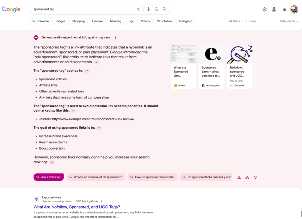 Screenshot of a search generative experience result for "sponsored tag".