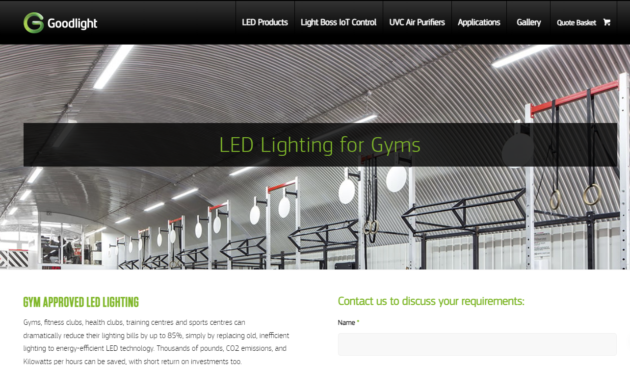 Screenshot of a page dedicated to LED lighting for gyms