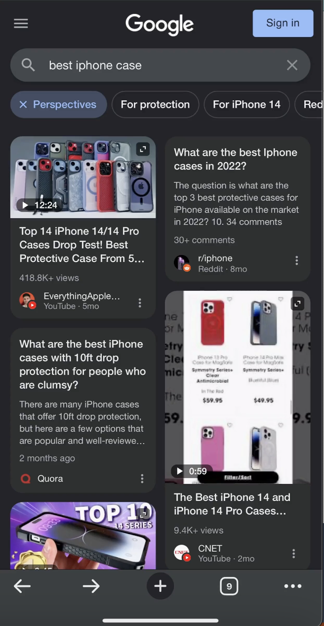 Screenshot of Google's Perspectives filter