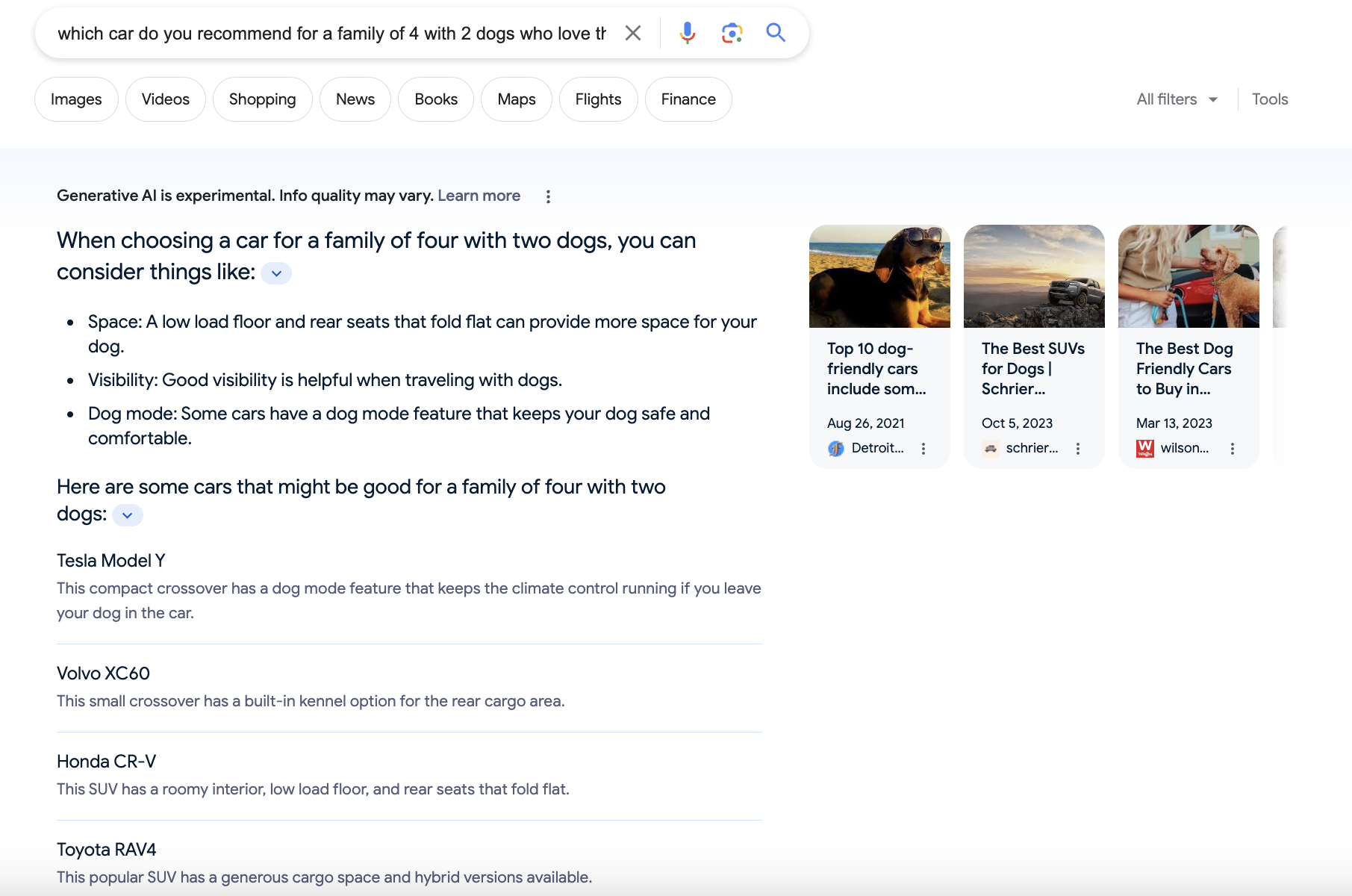Screenshot of the Google SGE results for "which car do you reccommend for a family of 4 with 2 dogs who love the outdoors?"