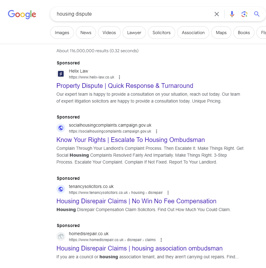 Screenshot of Google search ads