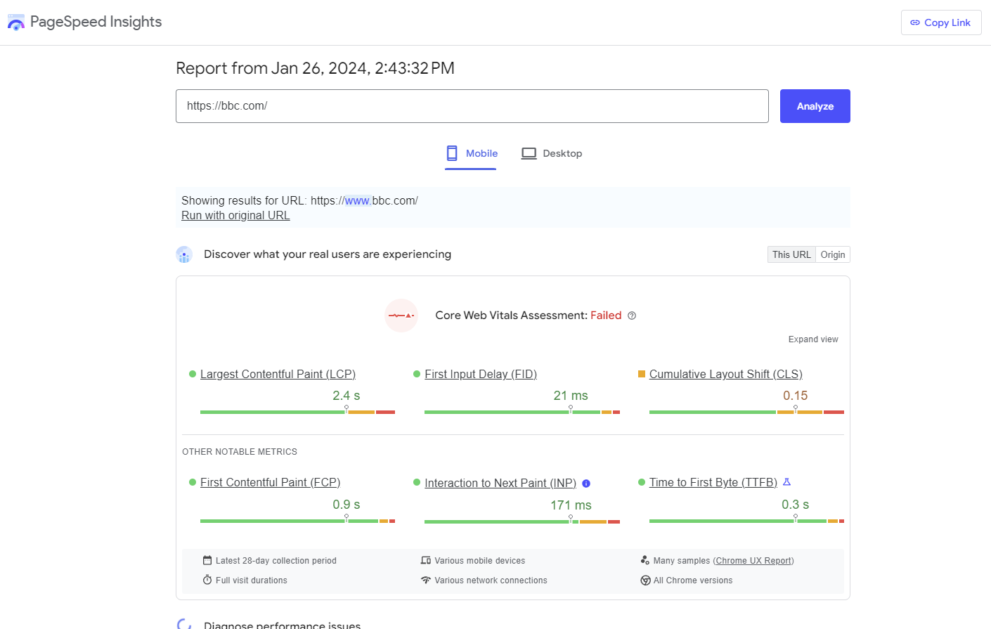 Screenshot of a PageSpeed Insights report