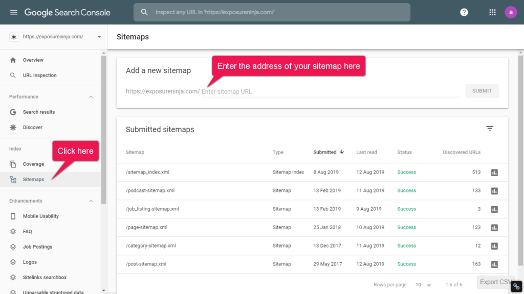 Screenshot of Google Search Console's Sitemap menu
