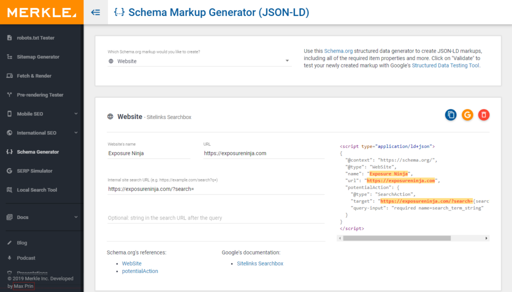 Screenshot of Merkle's Schema Markup Generator.