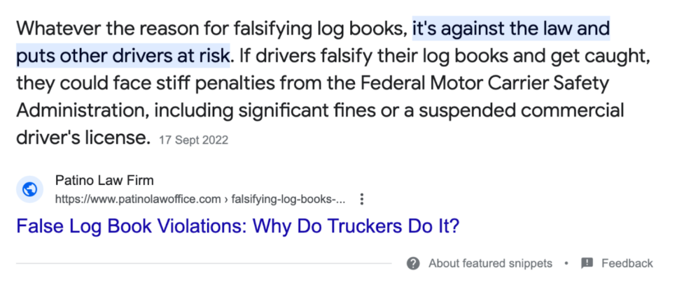 Feature snippet in Google search for Patino Law Firm.