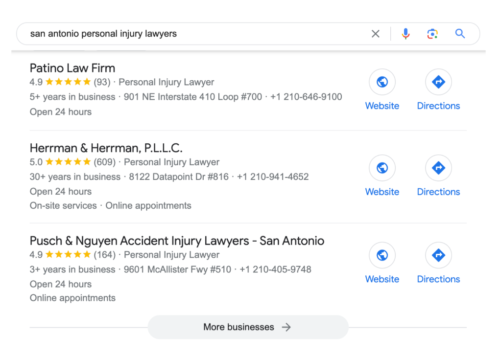 Screenshot of Patino Law Firm's local business rankings in Google.