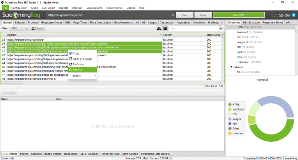 Example of removing URLs from Screaming Frog