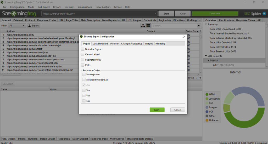 Example of Screaming Frog's Sitemap menu