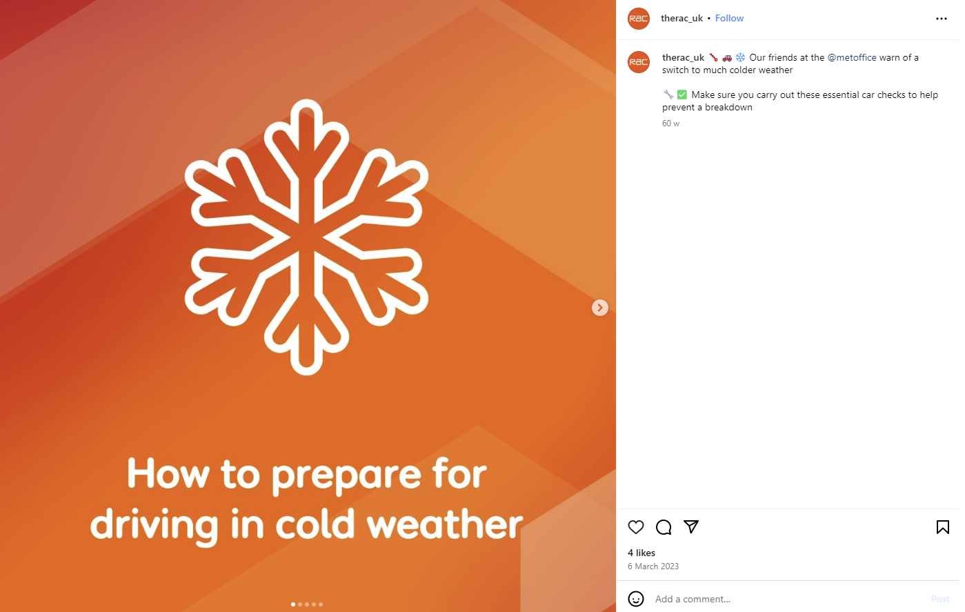 Screenshot of an Instagram post from RAC about driving in winter