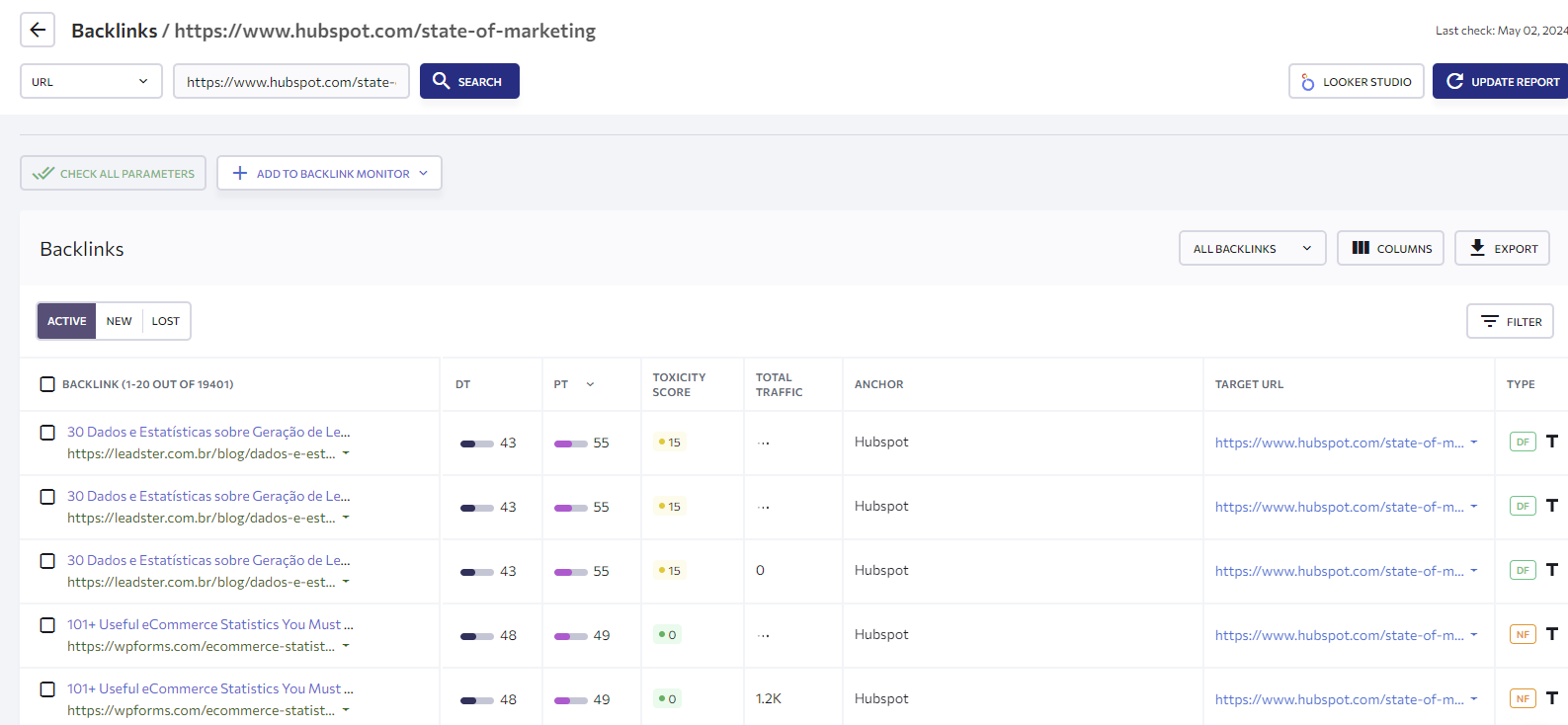 Screenshot of backlinks in tracking software