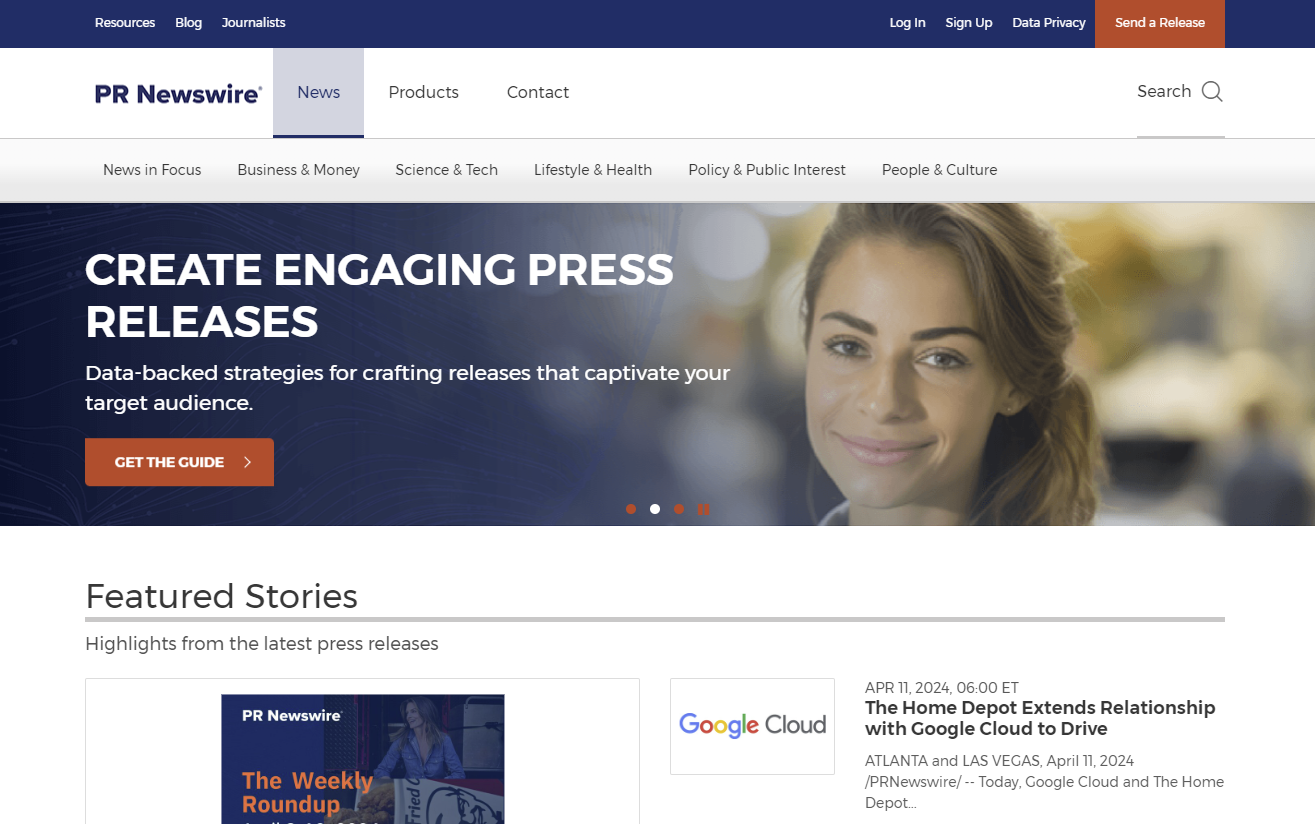 Screenshot of the PR Newswire website