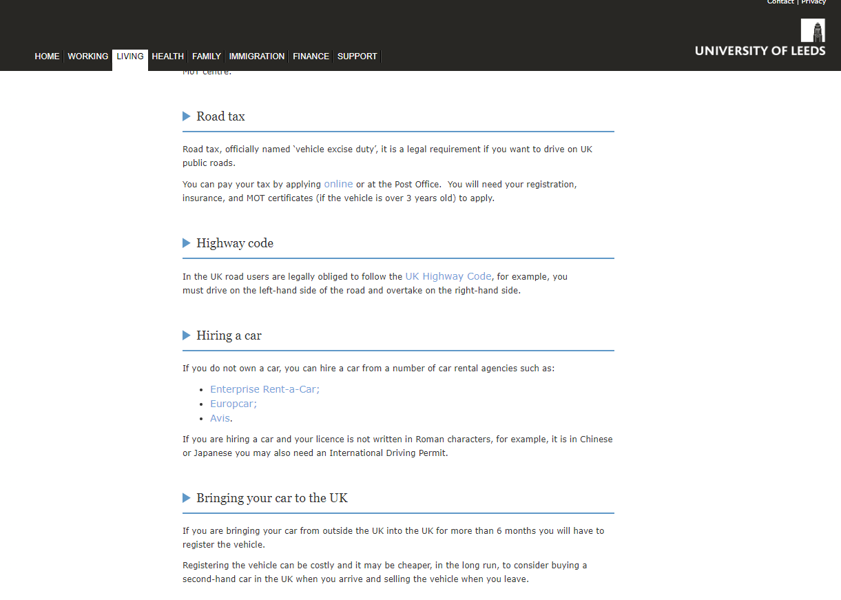 Screenshot of the university of leads microsite with links to car rental companies