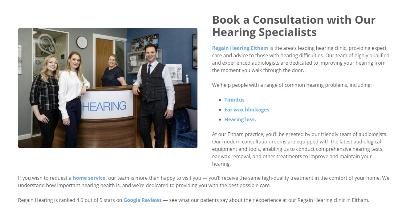 Screenshot of a local page for a hearing clinic with multiple locations