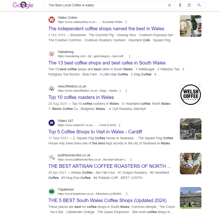 Screenshot of a Google search for the best local coffee in wales