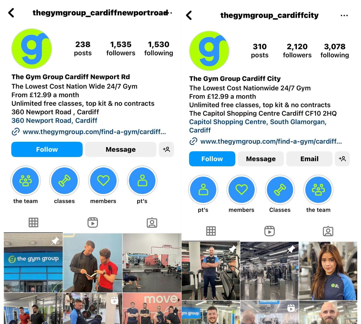 Screenshot of two Instagram accounts for The Gym Group