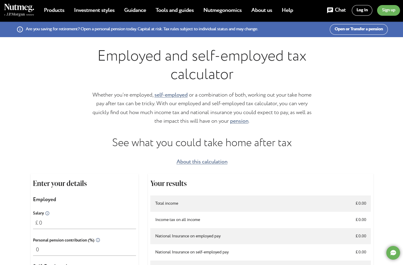 Screenshot of a self employment calculator
