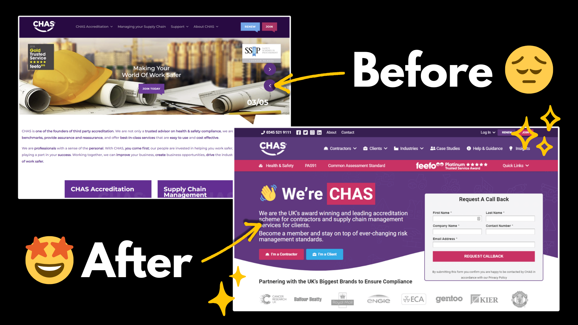Screenshot of a before and after of a website