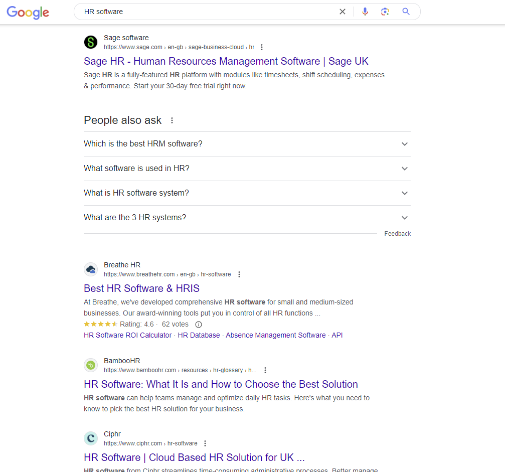 Screenshot of a Google search for "HR Software"