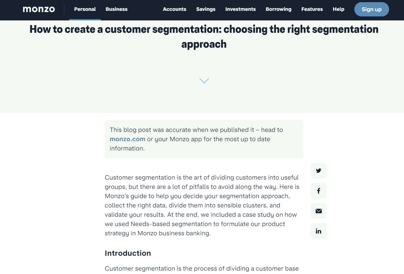 Screenshot of a Monzo blog