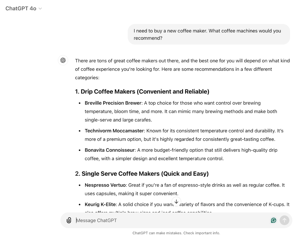 Example of brand mentions from ChatGPT for a common search query